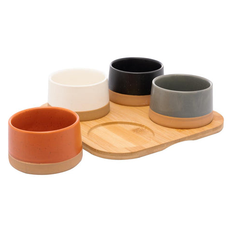 4 Petisqueiras com Bandeja de Bambu 22x22x5,5cm - Lyor
