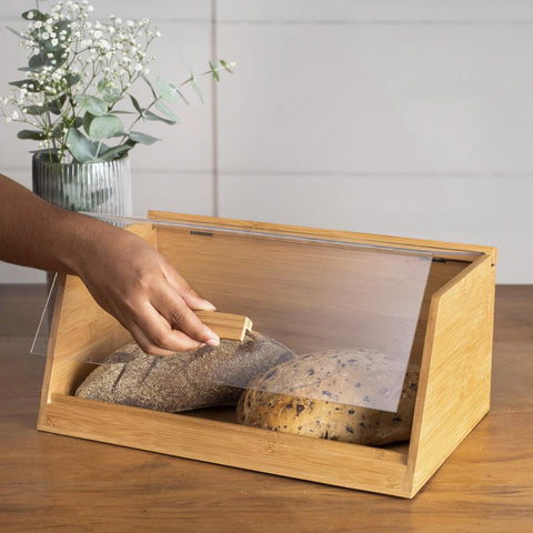 Porta Pão de Bambu Com Tampa Transparente 35Cm - Oikos