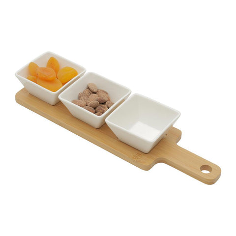 Conjunto 3 Petisqueiras com Bandeja de Bambu Branco 31cm x 9cm - Wolff