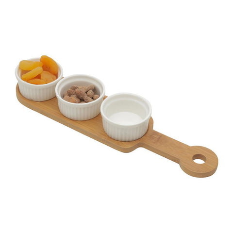 Conjunto 3 Petisqueiras com Bandeja de Bambu Branco 33cm x 8cm - Wolff