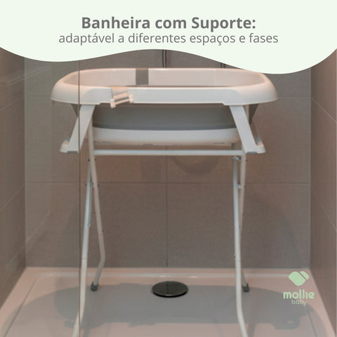 Banheira de Bebê Dobrável Portátil até 35 Litros com Suporte e Almofada de Banho Cinza - Mollie Baby