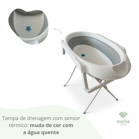 Banheira de Bebê Dobrável Portátil até 35 Litros com Suporte e Almofada de Banho Cinza - Mollie Baby