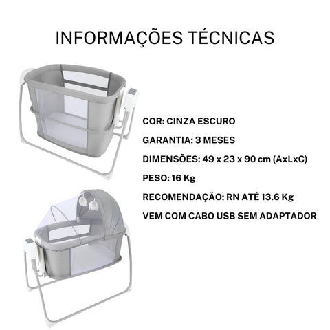 Berço Techno Bluetooth Cinza Escuro Mastela
