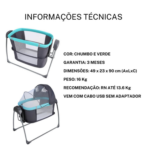 Berço Techno Bluetooth Chumbo e Verde Mastela