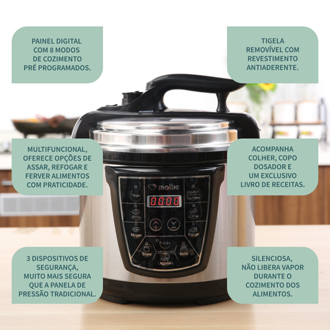Panela de pressão elétrica multifuncional 4L 127v- Mollie - Inox + Livro de Receitas