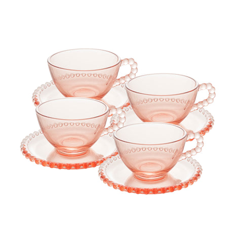 Jogo de 4 Xícaras de Chá Wolff Pearl de Cristal Rosa 180ml