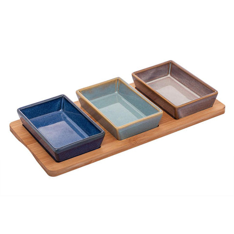 3 Petisqueiras de Ceramica com Bandeja 31cmx14,5cmx3,5cm - Lyor