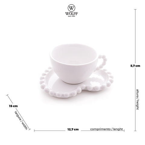 Jogo de 4 Xícaras Chá Wolff Coração Beads de Porcelana Branco 210ml