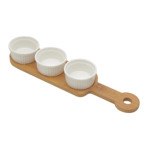 Conjunto 3 Petisqueiras com Bandeja de Bambu Branco 33cm x 8cm - Wolff