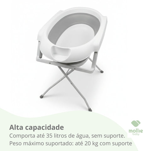 Banheira de Bebê Dobrável Portátil até 35 Litros com Suporte e Almofada de Banho Cinza - Mollie Baby