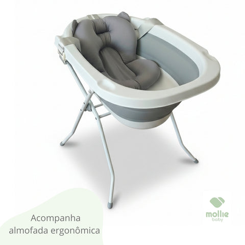 Banheira de Bebê Dobrável Portátil até 35 Litros com Suporte e Almofada de Banho Cinza - Mollie Baby